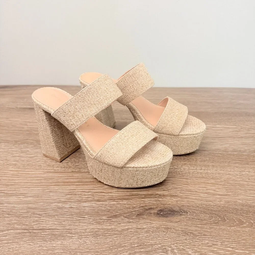 Chinese Laundry Raffia Platform Mule Sandals Womens Size 6.5 Beige Block Heel - Picture 2 of 10
